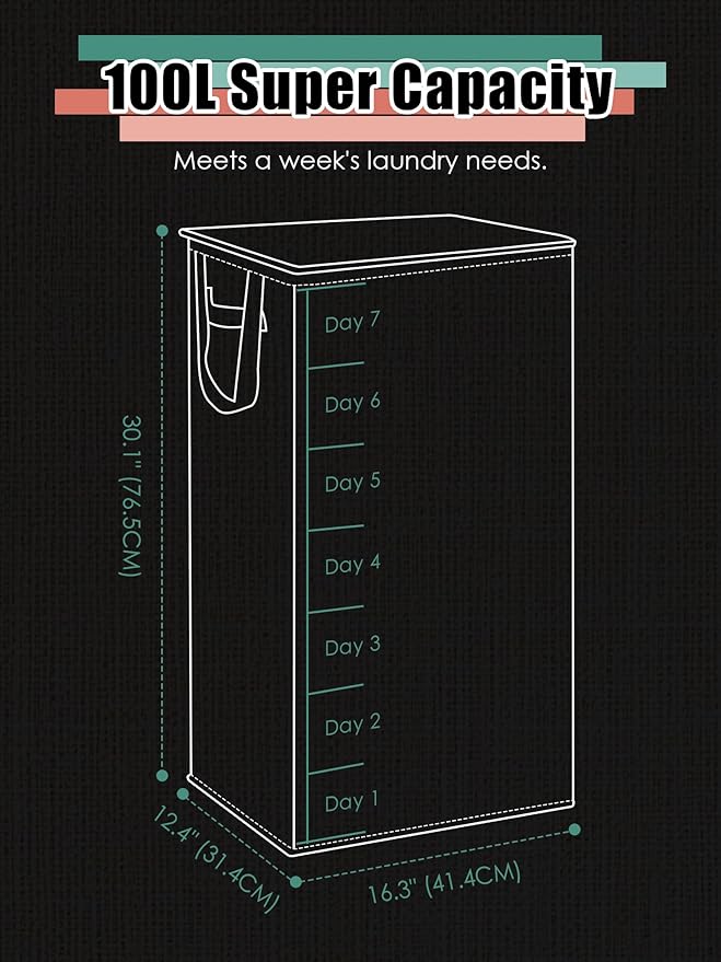 Laundry Hamper with Lid, Reinforced Sturdy Clothes Hamper with Anti-Puncture Base, Large Collapsible Laundry Basket with Removable Liner Bag, Tall Dirty Clothes Bin for Family, 100L Grey