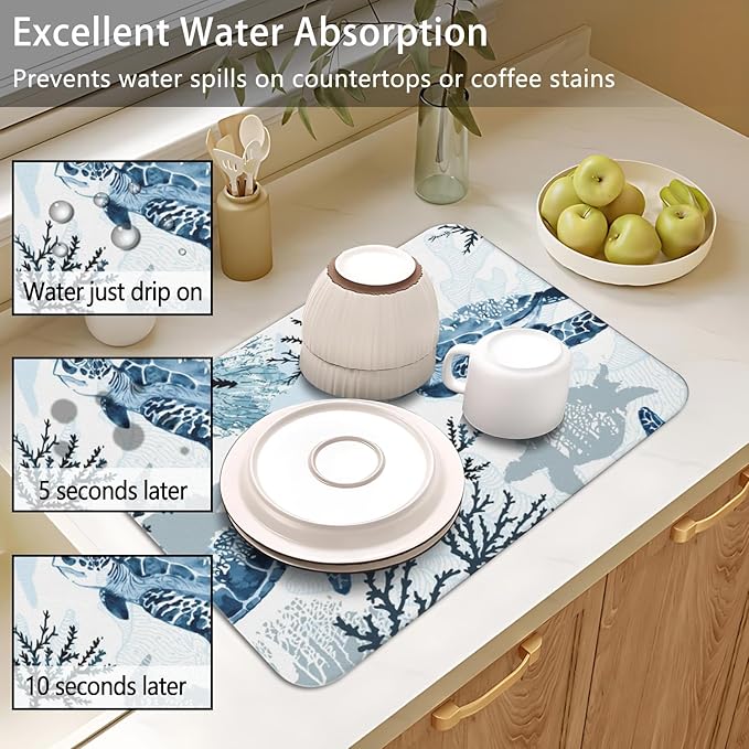 Dish Drying Mat for Kitchen Counter 2 Pack with Non-Slip Rubber Backing - Heat-Resistant Absorbent Coffee Bar Mat, Dish Rack Mat, Sea Turtle Dish Drying Mats 18x24+19.5x12 inch