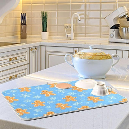 Snowflake Gingerbread Cookie Man Blue Dish Drying Mat for Kitchen Counter Absorbent Microfiber Drying Pad, Medium 16x18 in