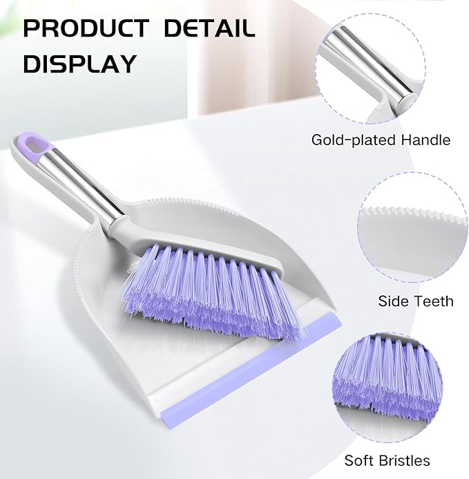 NACENA Mini Broom and Dustpan Set 2 Packs, Small Dust Pan and Brush Set with Handle Dustpan Teeth for Cleaning Hair Suitable for Office Desks Drawers Sofas Outdoor Camping, Light & Purple