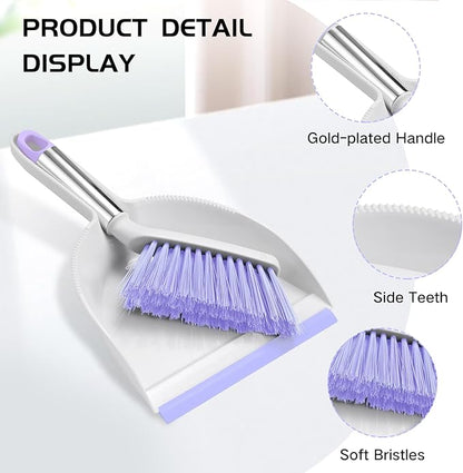 NACENA Mini Broom and Dustpan Set, Small Dust Pan and Brush Set with Handle Dustpan Teeth for Cleaning Hair Suitable for Office Desks Drawers Sofas Outdoor Camping, Light & Purple