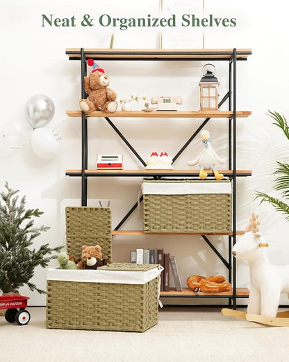 Storage Basket with Lid Rattan Woven Storage Baskets with 2 Separate Lids, 17.2 Gallon (65 L), Wicker Storage Bins Foldable, 2 Removable Liner Bags Handles for Bedroom, Laundry Room Green