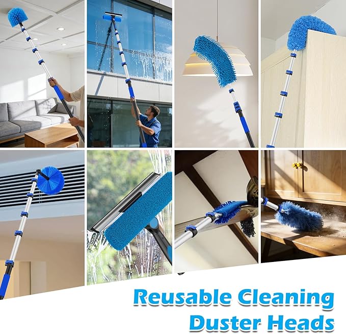 25FT Reach High Ceiling Duster Kits with 5-20FT Adjustable Pole - Includes Extra Long Duster, High Ceiling Duster, Rotatable Window Squeegee & Cobweb Duster for Ceiling Fans and Whole House Cleaning