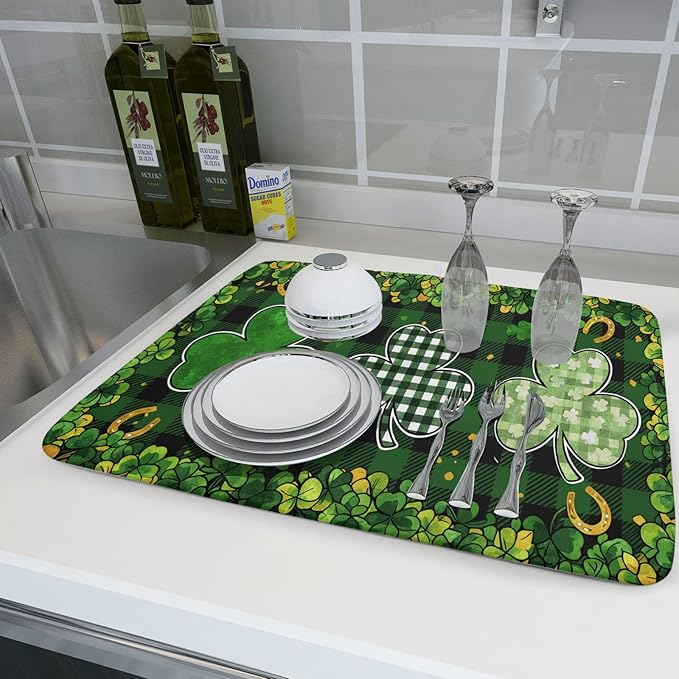 St Patrick's Day Green Clover Dish Drying Mat 18 x 24 Inch With Absorbent Reversible Microfiber Spring Buffalo Plaid Lucky Clover Shamrock Drying Dish Drainer Mat Fast Dry For Kitchen Dining Room