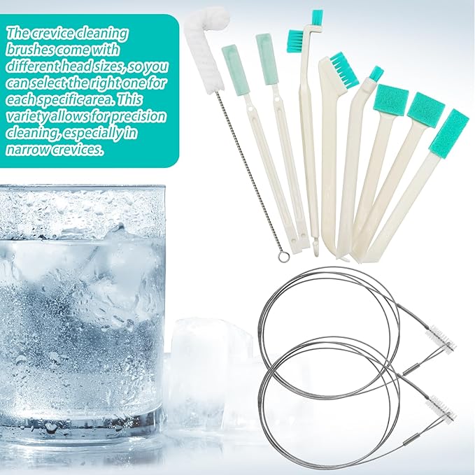 10 Pcs Ice Machine Cleaning Brush Kit, Ice Maker Cleaner Tools Set-2 Extra Long Pipe Drain Cleaners Brush, 9 Small Crevice Cleaning Brushes for Cleaning Ice Machine Crevice in Tight Spaces