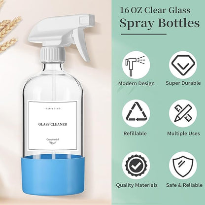 GIVAMEIHF 2 Pack Glass Spray Bottles with Silicone Sleeve,16oz Clear Glass Spray Bottles Refillable Empty Bottle with Adjustable Nozzle,Spray Bottle for Essential Oils,Cleaning Solutions,Pets,Hair