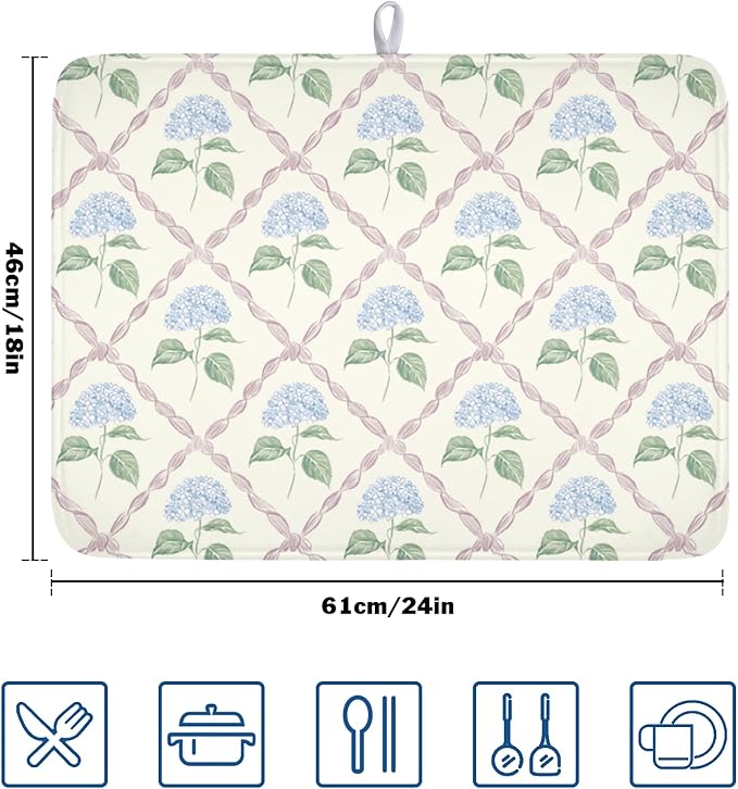 Hydrangea Floral Dish Drying Mat for Kitchen Counter Watercolor Blue and Pink Flower Drying Mat 18x24 Inch Rustic Elegant Absorbent Dish Drainer Mat Kitchen Accessories