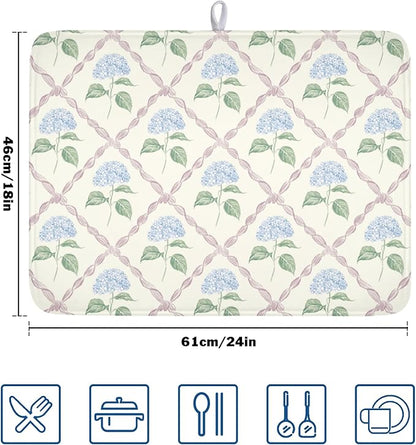 Hydrangea Floral Dish Drying Mat for Kitchen Counter Watercolor Blue and Pink Flower Drying Mat 18x24 Inch Rustic Elegant Absorbent Dish Drainer Mat Kitchen Accessories