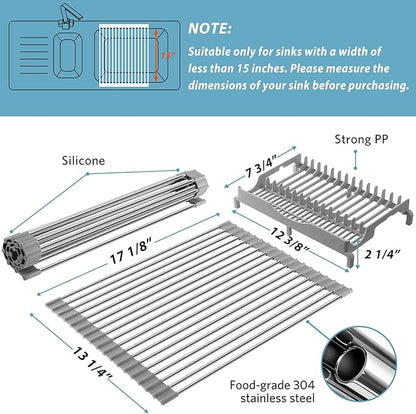 Upgraded Roll Up Dish Drying Rack(17.1” x 13.1”) Over Sink Dish Drainer Foldable Stainless Steel Trivet for Kitchen Countertop