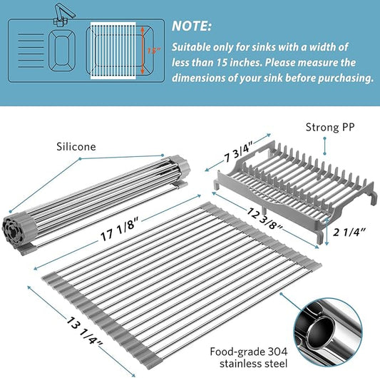 Upgraded Roll Up Dish Drying Rack(17.1” x 13.1”) Over Sink Dish Drainer Foldable Stainless Steel Trivet for Kitchen Countertop
