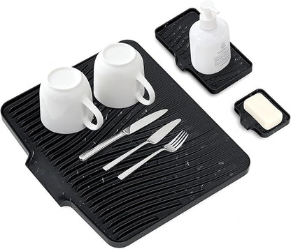 Silicone Dish Drying Mat for Kitchen Counter, Dish Drying Pad, Non-Slip Drain Pad with Built-in Drain, Heat Resistant Stone Drying Mat,Black-1Set