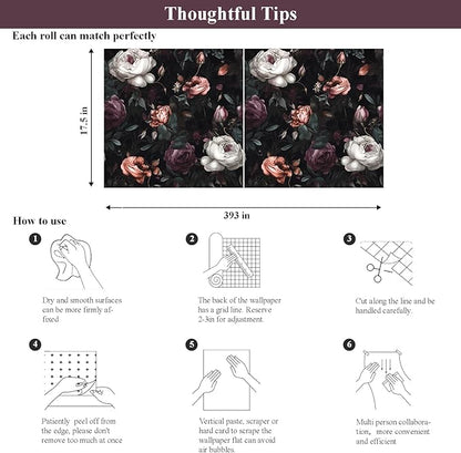 Laatse Dark Floral Peel and Stick Wallpaper, Vintage Floral Contact Paper, Waterproof Self Adhesive Boho Decor Black Rose Wall Paper for Bedroom Walls Bookcase Drawers 17.5in x 32.8ft