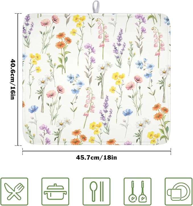 Spring Floral Dish Drying Mat for Kitchen Counter 16 x 18 Inch Colorful Flowers Dish Drainer Mat Absorbent Microfiber Dish Rack Pad for Summer Holiday Coffee Dining Bar Decor