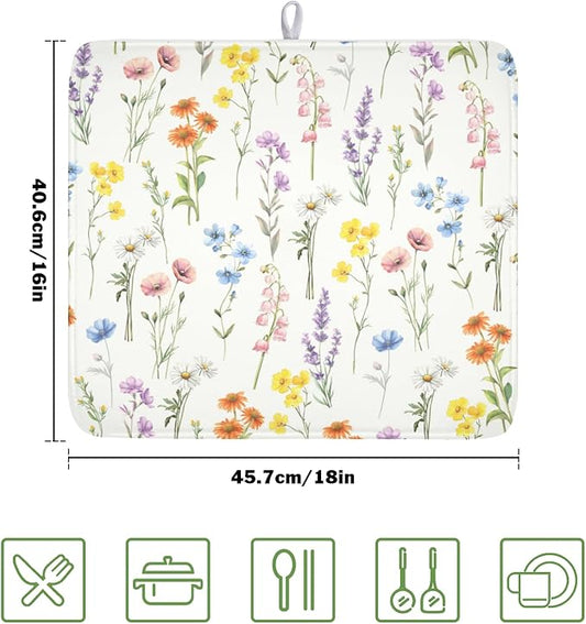 Spring Floral Dish Drying Mat for Kitchen Counter 16 x 18 Inch Colorful Flowers Dish Drainer Mat Absorbent Microfiber Dish Rack Pad for Summer Holiday Coffee Dining Bar Decor