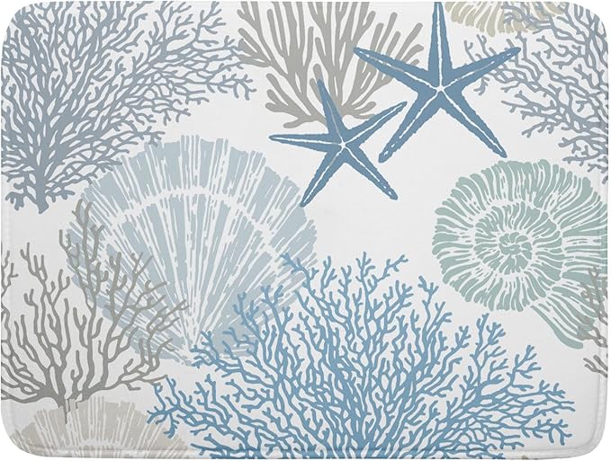 Nautical Coastal Dish Drying Mat for Kitchen Counter,Summer Ocean Themed Seashell Coral Starfish Drying Mat 18 x 24 Inch with High Absorbent Microfiber Dish Drying Drainer Mat for Coffee Bar