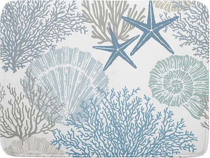 Nautical Coastal Dish Drying Mat for Kitchen Counter,Summer Ocean Themed Seashell Coral Starfish Drying Mat 18 x 24 Inch with High Absorbent Microfiber Dish Drying Drainer Mat for Coffee Bar