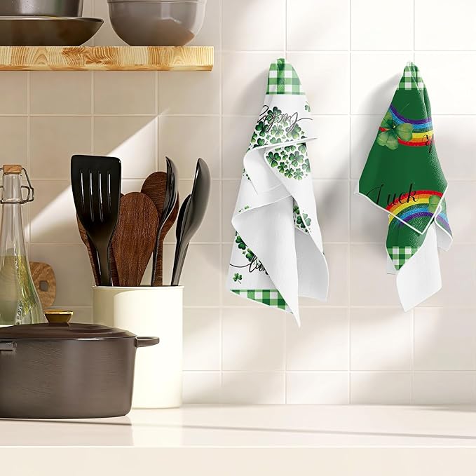 St. Patrick's Days Kitchen Towels Set of 4, Lucky Shamrock Dish Towels Gifts for Cooking Cleaning, Spring Hand Towels with Hanging Loop for Kitchen Bathroom Home Decor