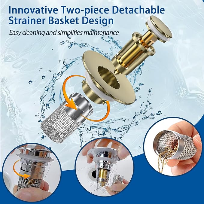 Sink Stopper Hair Catcher,(4PCS) Pop-up Sink Drain Strainer with Removable Stainless Steel Strainer Basket Hair Catcher, Bathroom Sink Strainer for Bathroom Sink Stopper Replacement (4, Brushed Gold)