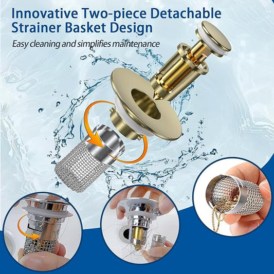 Sink Stopper Hair Catcher,(3PCS) Pop-up Sink Drain Strainer with Removable Stainless Steel Strainer Basket Hair Catcher, Bathroom Sink Strainer for Bathroom Sink Stopper Replacement (3, Brushed Gold)