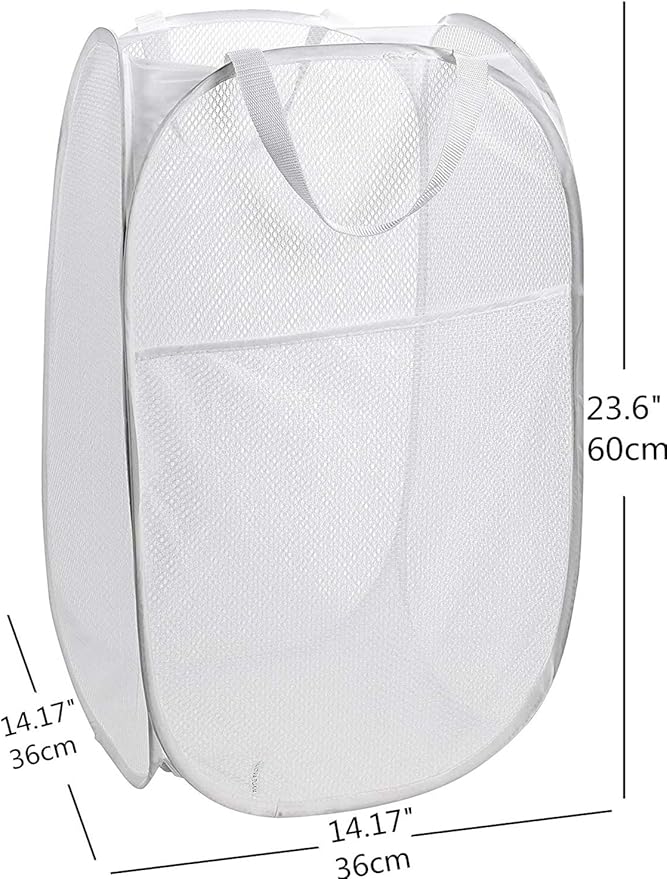 Foldable Mesh Clothes Hampers with Big Pocket Durable Pop-Up Laundry Basket Room Organizer Toy Storage Bins White