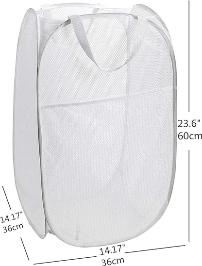 Foldable Mesh Clothes Hampers with Big Pocket Durable Pop-Up Laundry Basket Room Organizer Toy Storage Bins White