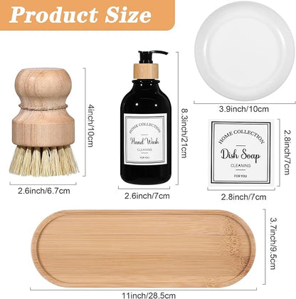 Zopeal 4 Pcs 16 oz Kitchen Soap Dispenser Set with Bamboo Tray and Dish Brush Plastic Soap Dispenser Set with Waterproof Labels for Hand Dish Lotion(Black)