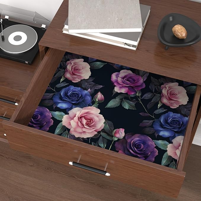 Deep Purple and Blue Roses Peel and Stick Wallpaper 17.5"X118" Gothic Vintage Floral Contact Paper Vinyl Waterproof Self Adhesive Removable Black Background Wall Decor for Bedroom Walls Cabinet Locker