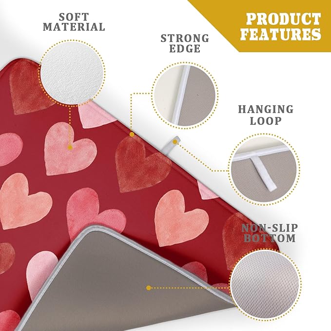 Valentines Day Dish Drying Mat 18 x 24 Inch With Absorbent Reversible Microfiber Pink Red Hearts Drying Anniversary Wedding Dish Drainer Mat Fast Dry For Kitchen Dining Room Decor