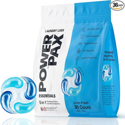 PowerPax 5-in-1 Laundry Detergent Pods, 36 Count Concentrated Enzyme Clean pods for Stain Removal, Odor Control, Fabric Softening & Color Care, Linen Fresh