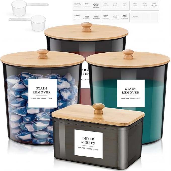 Threehoney 3+1 Pack Laundry Pods Container & Dryer Sheet Holder with Lids, Scoops & Labels - Plastic Laundry Storage Jars for Powder, Pods, Detergent, Room Organization