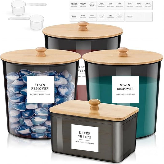 Threehoney 3+1 Pack Laundry Pods Container & Dryer Sheet Holder with Lids, Scoops & Labels - Plastic Laundry Storage Jars for Powder, Pods, Detergent, Room Organization