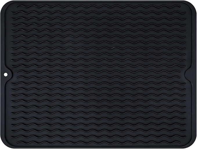 Rainspire Dish Drying Mats For Kitchen Counter, Silicone Dish Mat Drying Kitchen Mat, Food Grade Silicone Sink Drying Mat, Quick Dry Slip Resistant Kitchen Mats, 16x12inch, Black