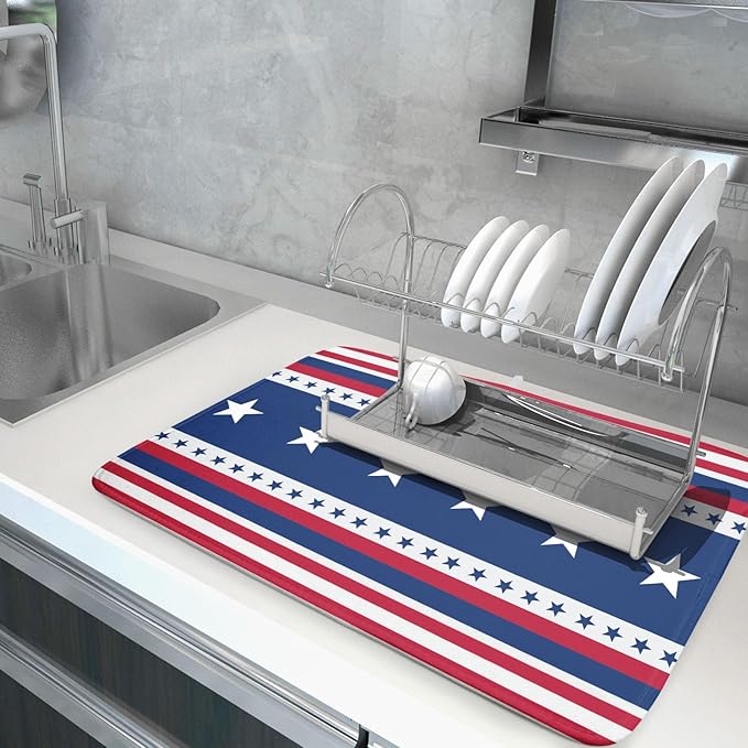 4th of July Dish Drying Mat For Kitchen Counter Independence Day Patriotic Star Stripes Memorial Day Microfiber Absorbent Drying Mats Reversible Kitchen Countertop Drainer Pad 18x24 Inch