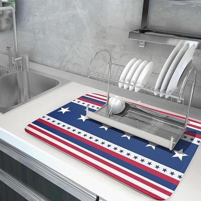 4th of July Dish Drying Mat For Kitchen Counter Independence Day Patriotic Star Stripes Memorial Day Microfiber Absorbent Drying Mats Reversible Kitchen Countertop Drainer Pad 18x24 Inch