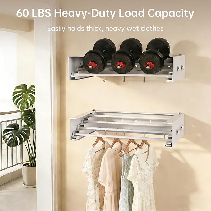 Wall Mounted Drying Rack with Hooks - Retractable Clothes Drying Rack with 4 Movable Hooks & 2 Knobs, 60LBS Heavy Duty Laundry Hanger, Foldable Wall Rack for Mudroom, Bathroom & Entryway