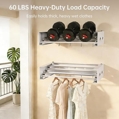 Wall Mounted Drying Rack with Hooks - Retractable Clothes Drying Rack with 4 Movable Hooks & 2 Knobs, 60LBS Heavy Duty Laundry Hanger, Foldable Wall Rack for Mudroom, Bathroom & Entryway