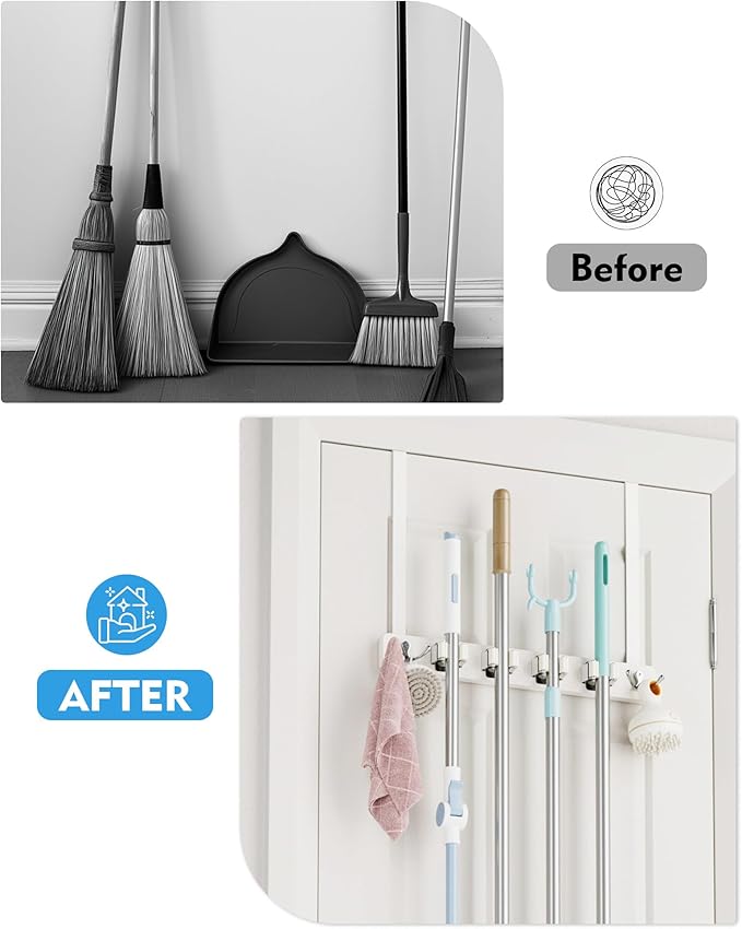 BS-VOG Over the Door Broom Holder, Mop and Broom Holder Door Mount, Hanging Organizer with 4 Racks & 2 Hooks, Wooden Hanger Storage Decor, Laundry Tool Organizer for Closet Garage, No Drills
