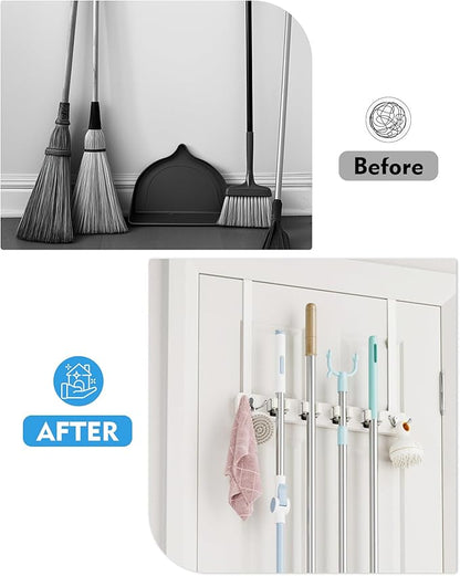 BS-VOG Over the Door Broom Holder, Mop and Broom Holder Door Mount, Hanging Organizer with 4 Racks & 2 Hooks, Wooden Hanger Storage Decor, Laundry Tool Organizer for Closet Garage, No Drills