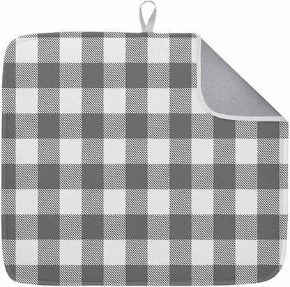 Dish Drying Mat Gray Buffalo Check Plaid Drying Mats for Kitchen Counter Farmhouse Style Absorbent Microfiber Dish Drainer Quick Drying Coffee Mat with Hanging Loop, 18 x24 inch
