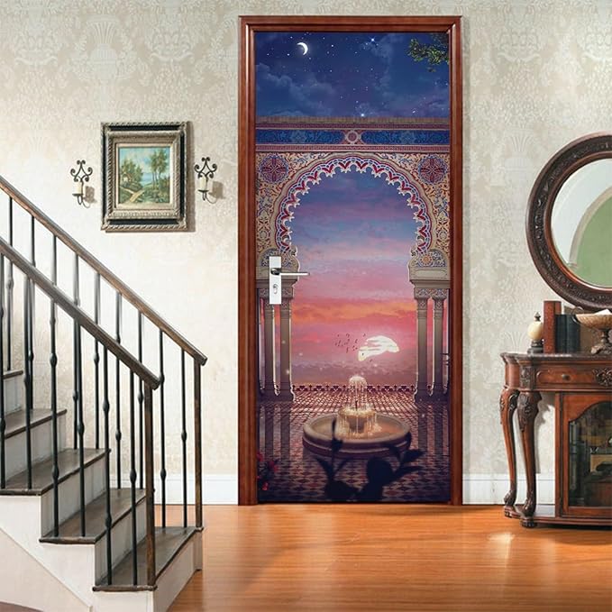 A.Monamour 3D Door Stickers for Interior Doors Balcony View at Sunset with Arabian Interior Design Vinyl Waterproof Self Adhesive Door Mural Decals for Bedroom Office Bathroom 90x200cm