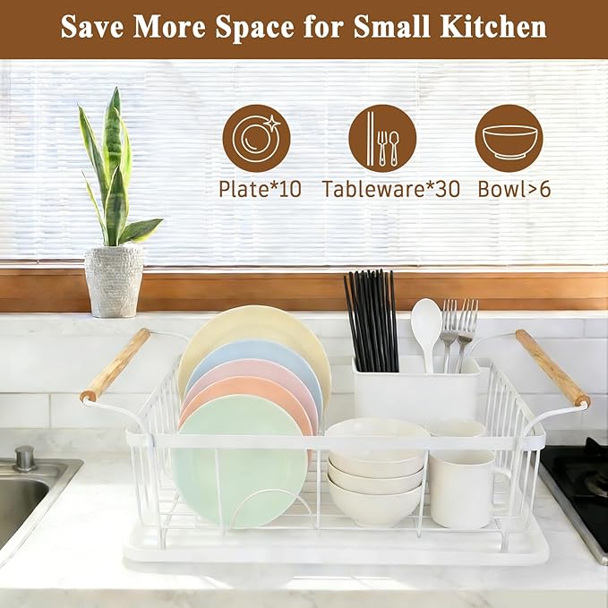 Dish Racks for Kitchen Counter, Thickened Metal Dish Drying Rack with Wooden Handles, Kitchen Countertop Organizer for Dishes, Spoons and Forks, No Assembly, White, 16.7''*12.6''*5.12''