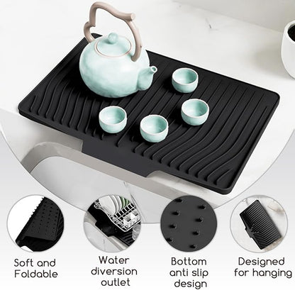 Large Premium Silicone Dish Drying Mat for Kitchen Counter - 18.5"x13" Non-Slip, Heat-Resistant (450°F) with Fast Drain & Hanging Hole, Multi-Use Kitchen Sink Drying Mat (Black)