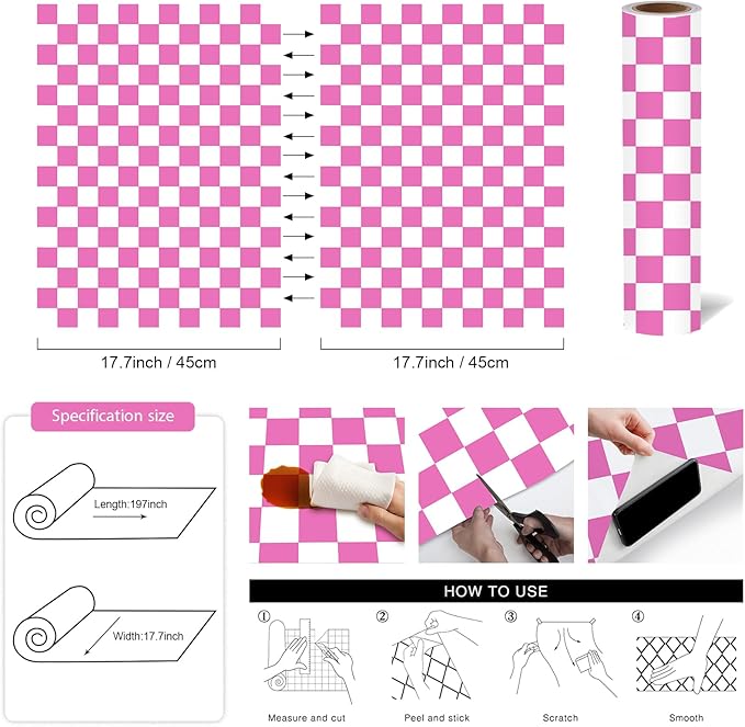 Modern Peel and Stick Wallpaper Pink and White Mosaic Checkered Contact Paper 17.7"x197" Self Adhesive Lattice Wallpaper Removable Decorative Wallpapers for Bedroom Countertops Cabinet Vinyl Roll