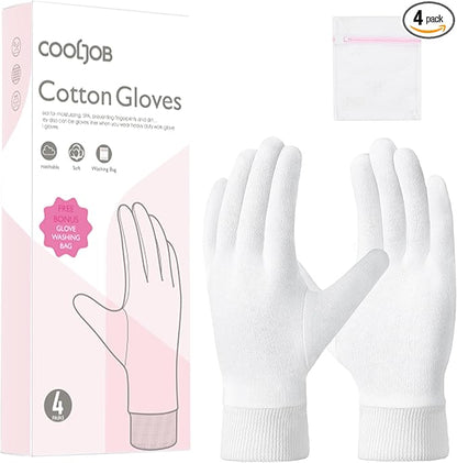 COOLJOB 4 Pairs Soft Moisturizing Cotton Gloves Set with Stretch Elastic Cuff, Overnight Lotion Sleeping Gloves for Dry Hands, Eczema Skin, Beauty Women SPA Essentials, Small, White