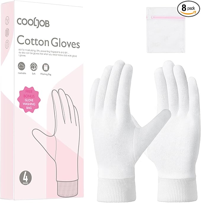 COOLJOB 4 Pairs Soft Moisturizing Cotton Gloves Set with Stretch Elastic Cuff, Overnight Lotion Sleeping Gloves for Dry Hands, Eczema Skin, Beauty Women SPA Essentials, XSmall, White