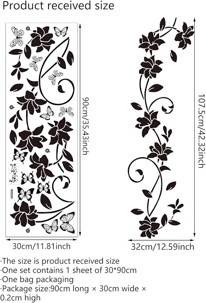 Black Flower Vine Butterfly Wall Stickers, sacinora Simplicity Floral Art Wall Decals Removable Vinyl Peel and Stick for Bathroom Living Room Bedroom Home Decorations