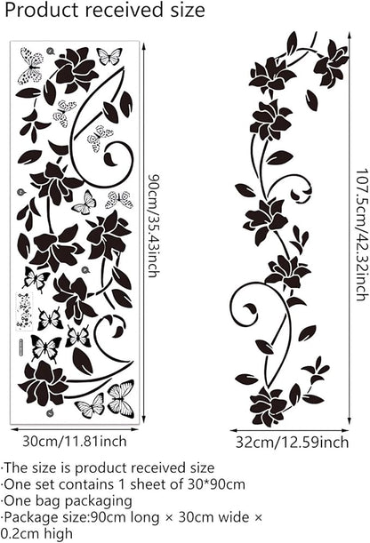Black Flower Vine Butterfly Wall Stickers, sacinora Simplicity Floral Art Wall Decals Removable Vinyl Peel and Stick for Bathroom Living Room Bedroom Home Decorations