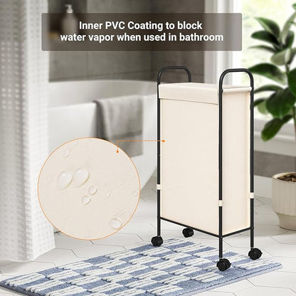 ELYKEN Slim Laundry Hamper with Lid, 50L Small Rolling Laundry Basket on Wheels, 7.9” Narrow Dirty Cloth Cart with Removable Inner Bag for Small Bathroom, Bedroom, Creamy
