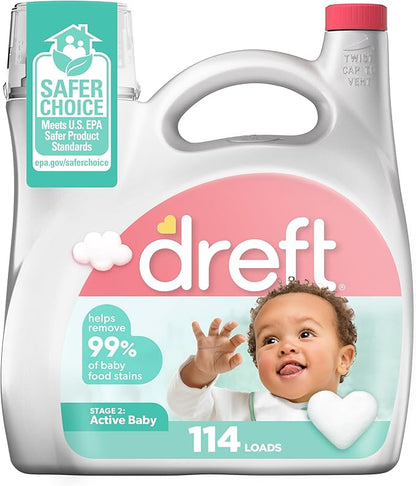 Dreft Stage 2 Active Baby Liquid Laundry Detergent, Helps Remove 99% of Baby Food Stains, 114 loads