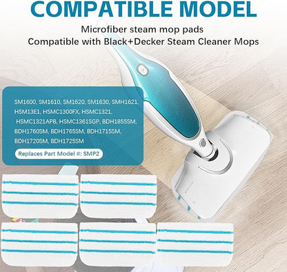 Steam Mop Pads Compatible with Black+Decker Steam Mop SM1600, SM1610, SM1620, HSM13E1, HSMC1300FX, HSMC1321, HSMC1361SG SMP20 - Washable Pads Replacement for Floor Cleaning - 5Pack